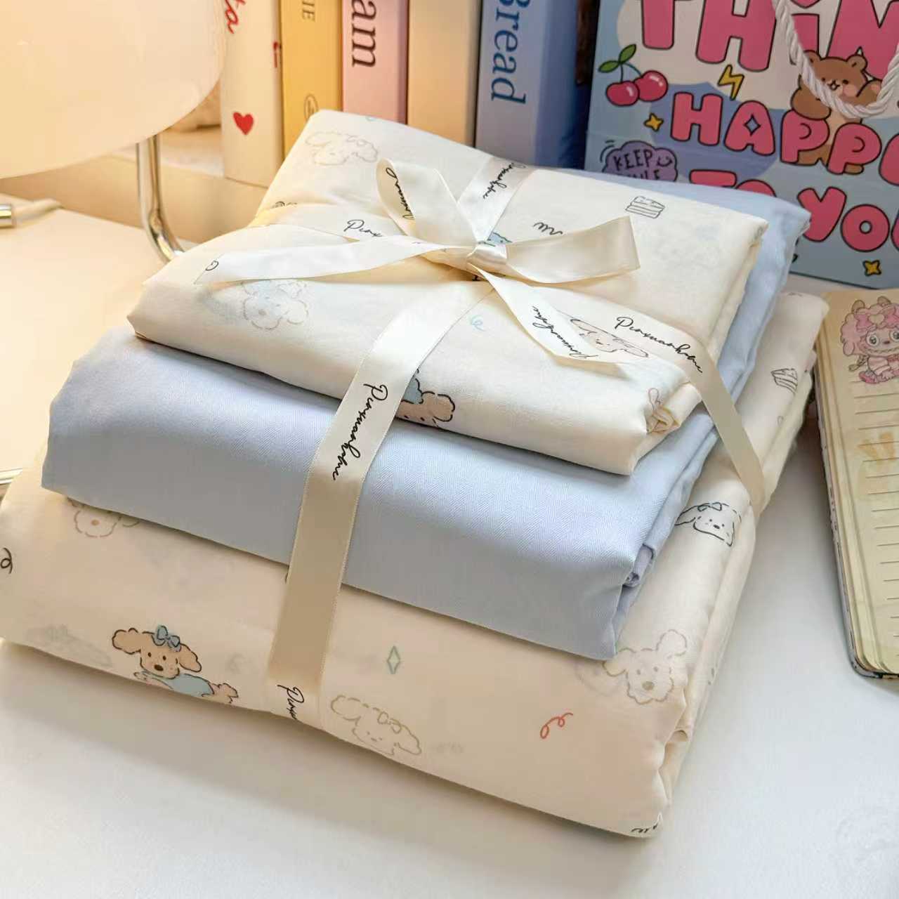 TT家纺 卷毛小狗 全棉纯棉双层纱四件套 法式花边款