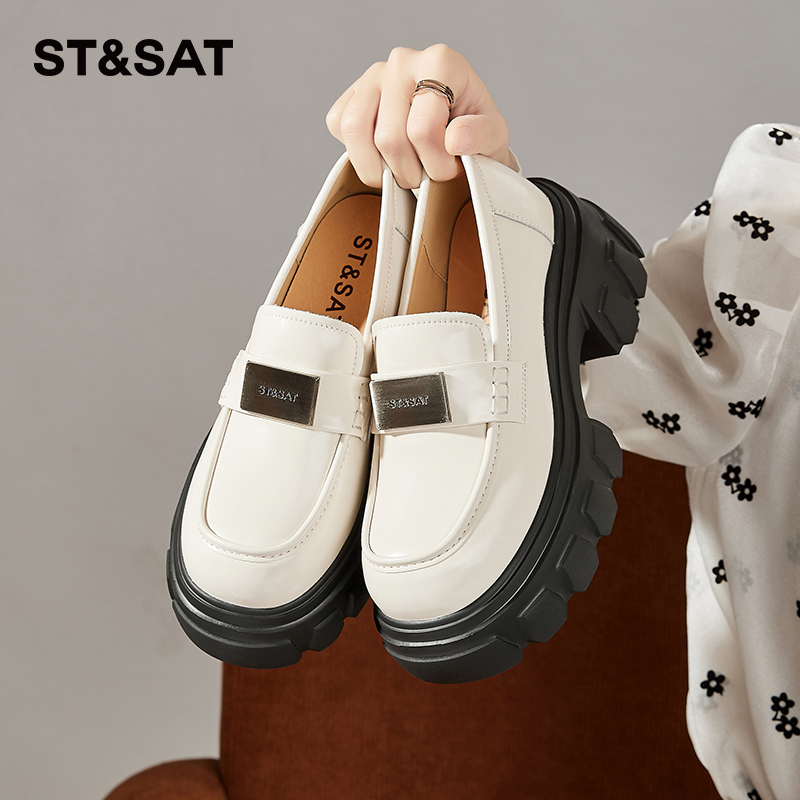 星期六厚底高跟时尚乐福鞋女2025年春季新款圆头百搭粗跟深口单鞋