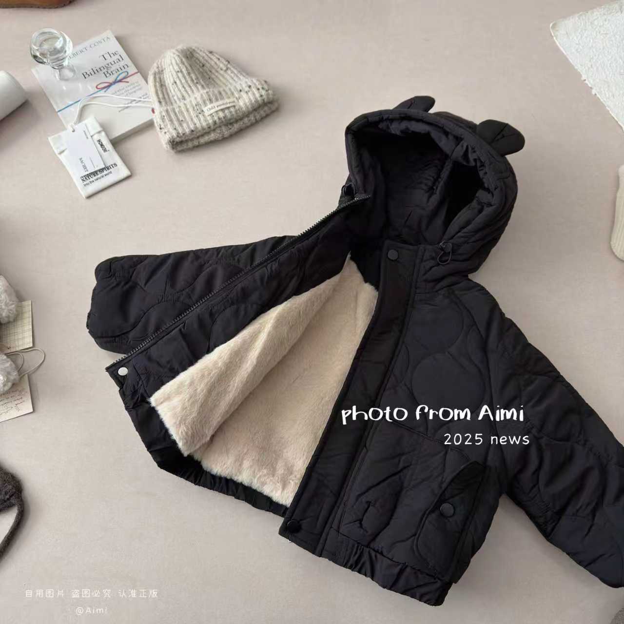 男童冬季新款韩版黑色棉服上衣加绒加厚保暖连帽外套小童加绒加绒