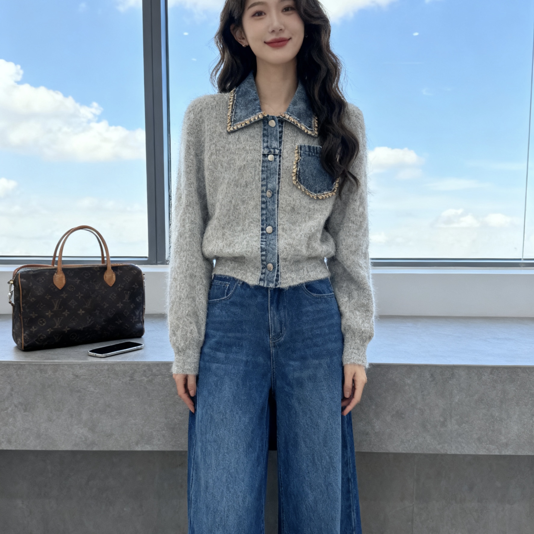 《猪猪出品》开衫款针织牛仔拼接女毛针织衫显瘦气质秋季复古翻领