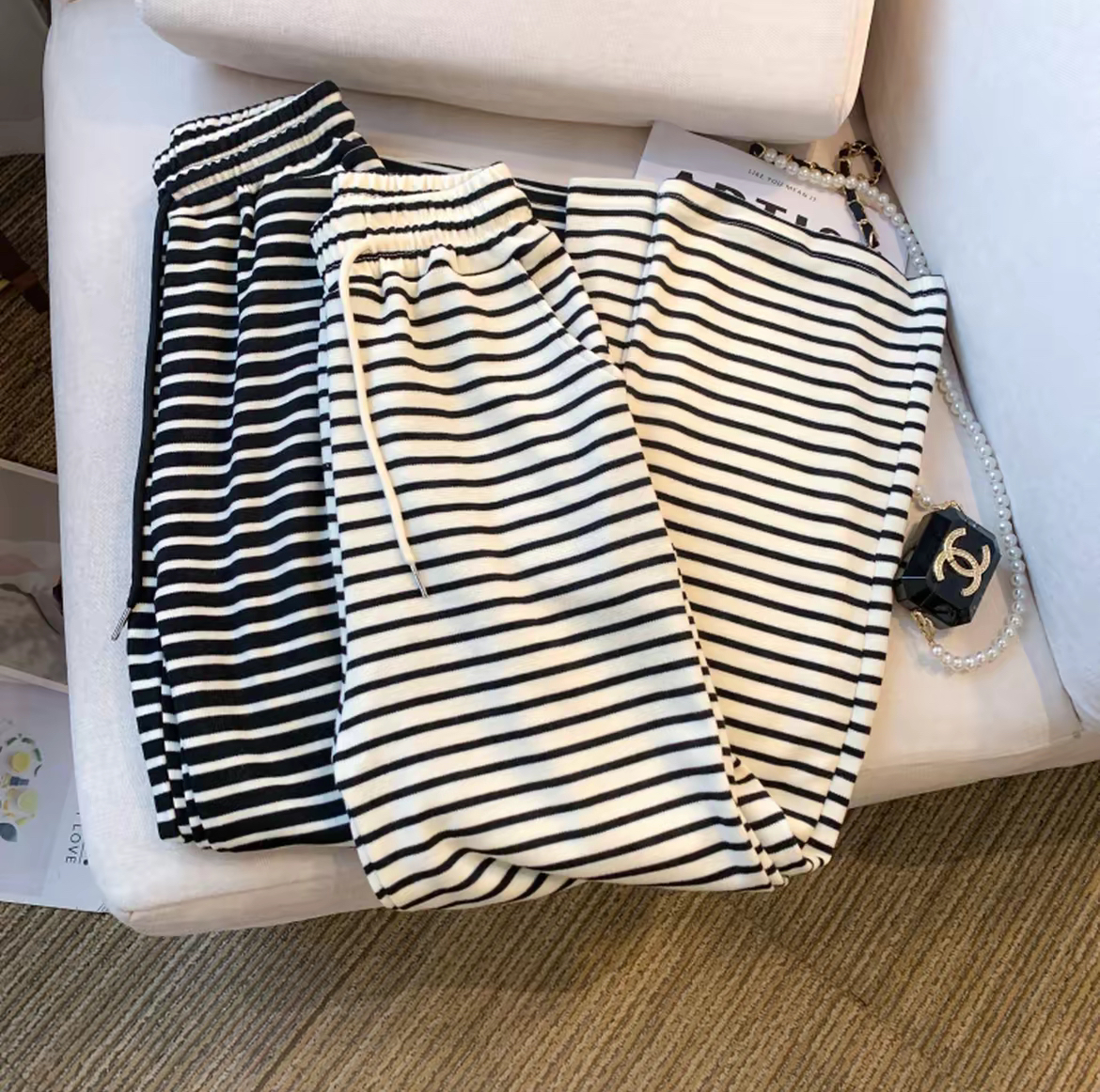 初秋新款条纹窄版休闲直筒裤宽松显瘦高腰百搭阔腿裤