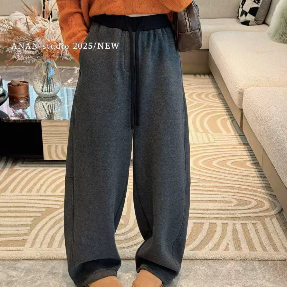 林玲～冬季加厚加绒撞色卫裤女休闲弯刀裤