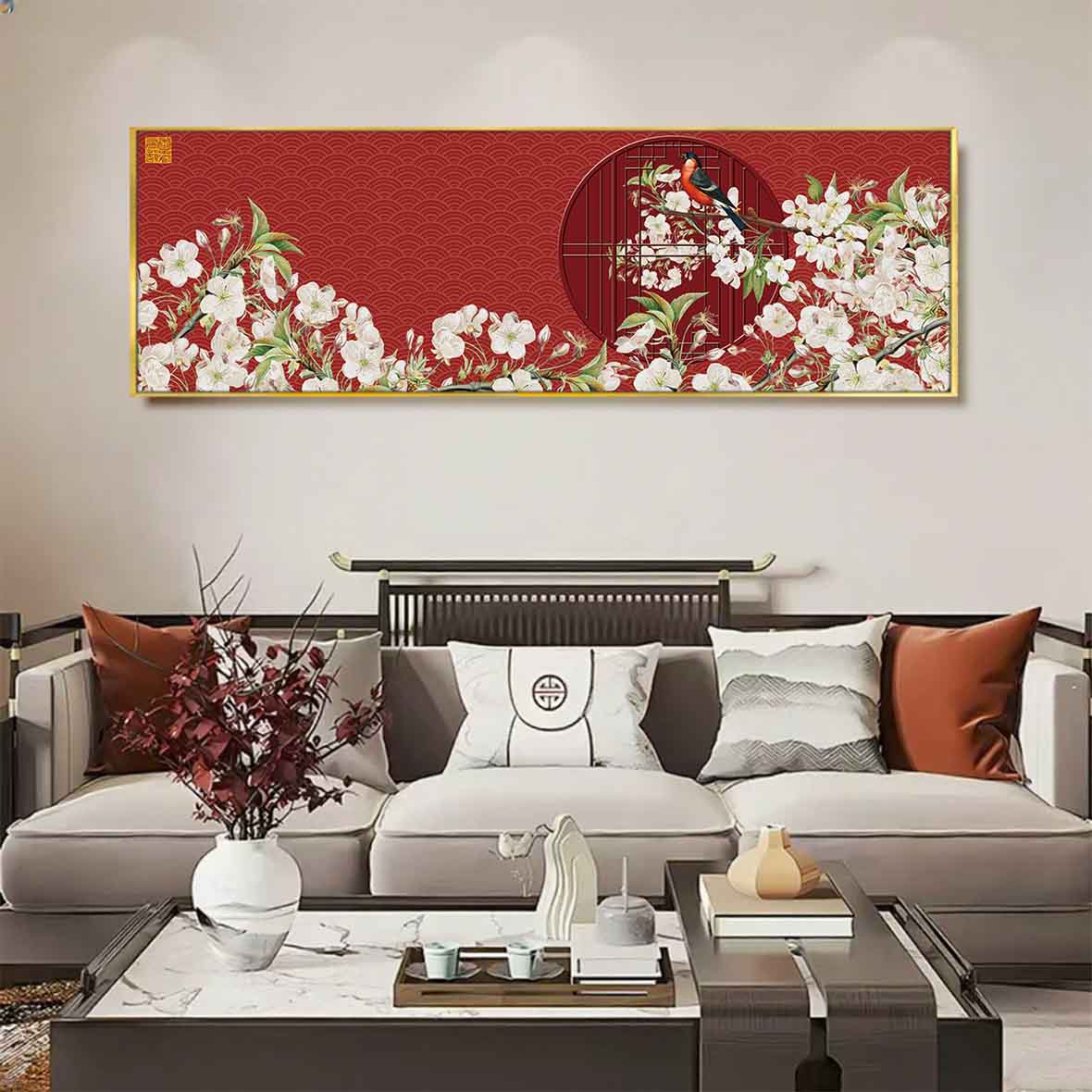 新中式大气中国红国潮横幅装饰画卧室日式古风背景墙壁画c076