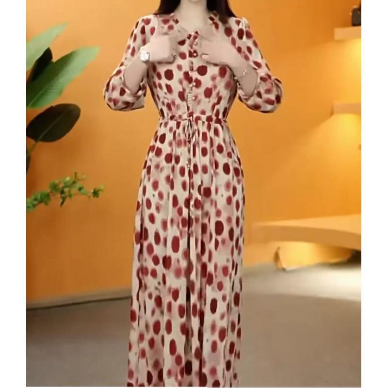 新款上新花边领系带中长袖气质减龄显瘦连衣裙女士系带裙子A139