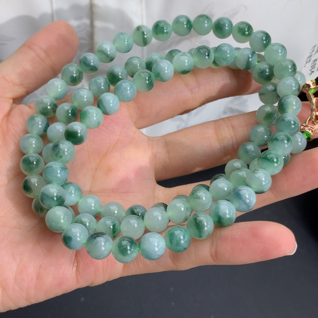 翡翠未镶嵌手串卡7.5细润晴飘绿花项链