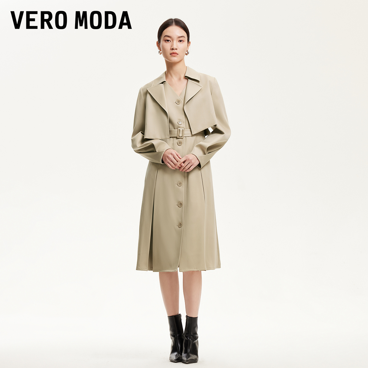 Vero Moda风衣女装单排扣连衣裙短外套真两件百搭流光风老钱风