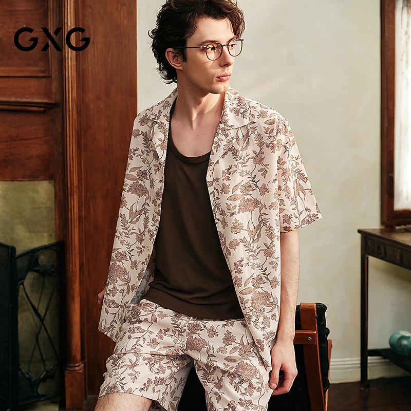 GXG男士家居服 咖色植物印花短袖衬衫度假风睡衣套装#G26DH15013