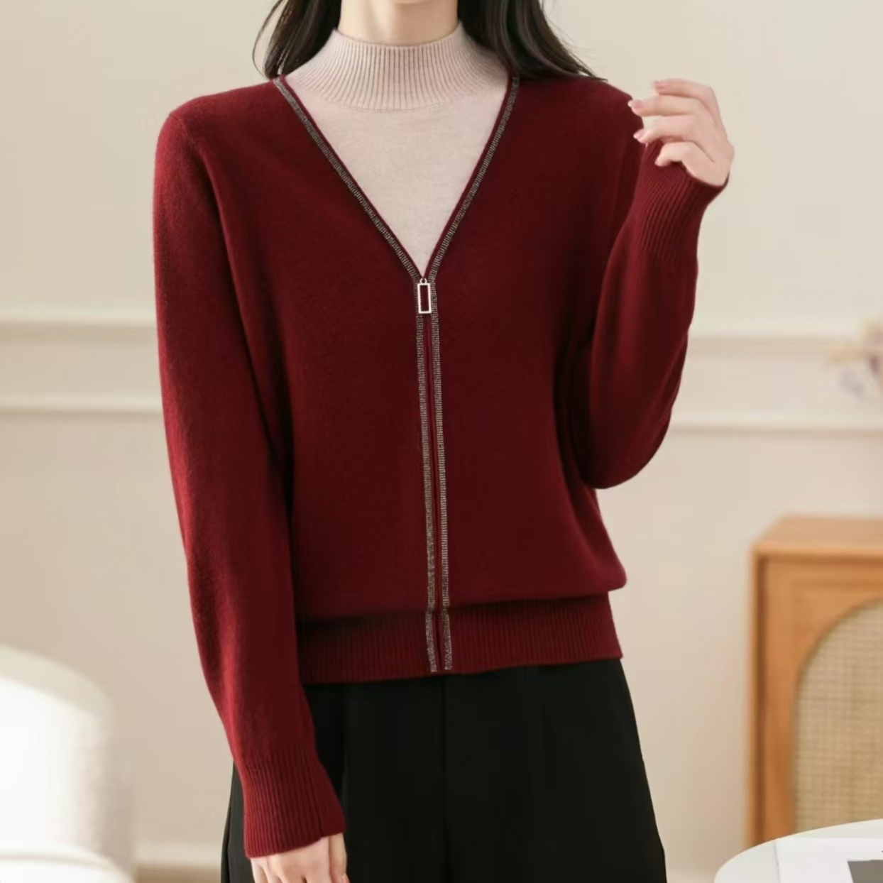 2025新款套头假两件套头针织衫时尚减龄女士上衣950