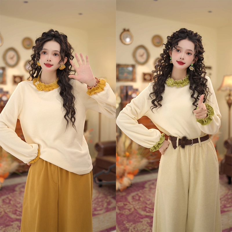 扣子家【雾白清秋】加绒加厚百搭内搭打底衫木耳边T恤KK0726526