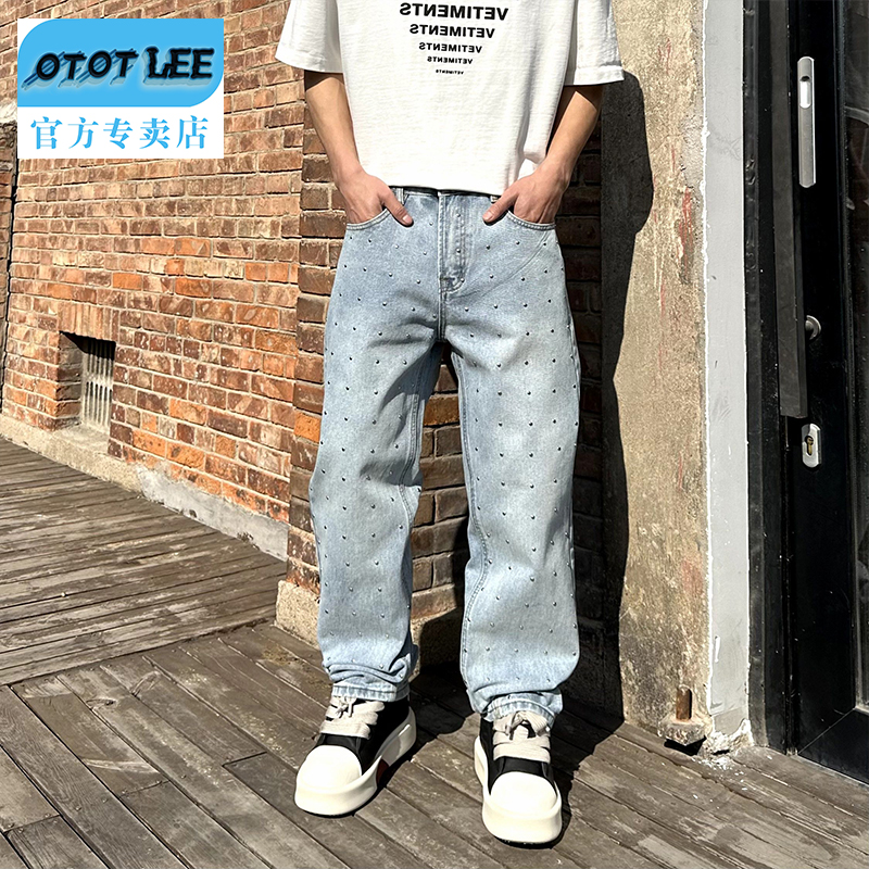 OTOT LEE休闲风男士做旧牛仔长裤破洞ins高街高弹力宽松直筒时尚