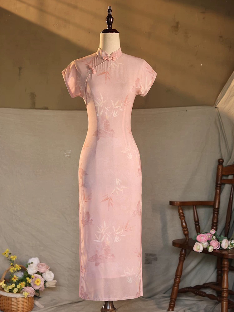 粉色旗袍2023新款新中式改良年轻款少女雪纺连衣裙夏季斜襟连肩袖