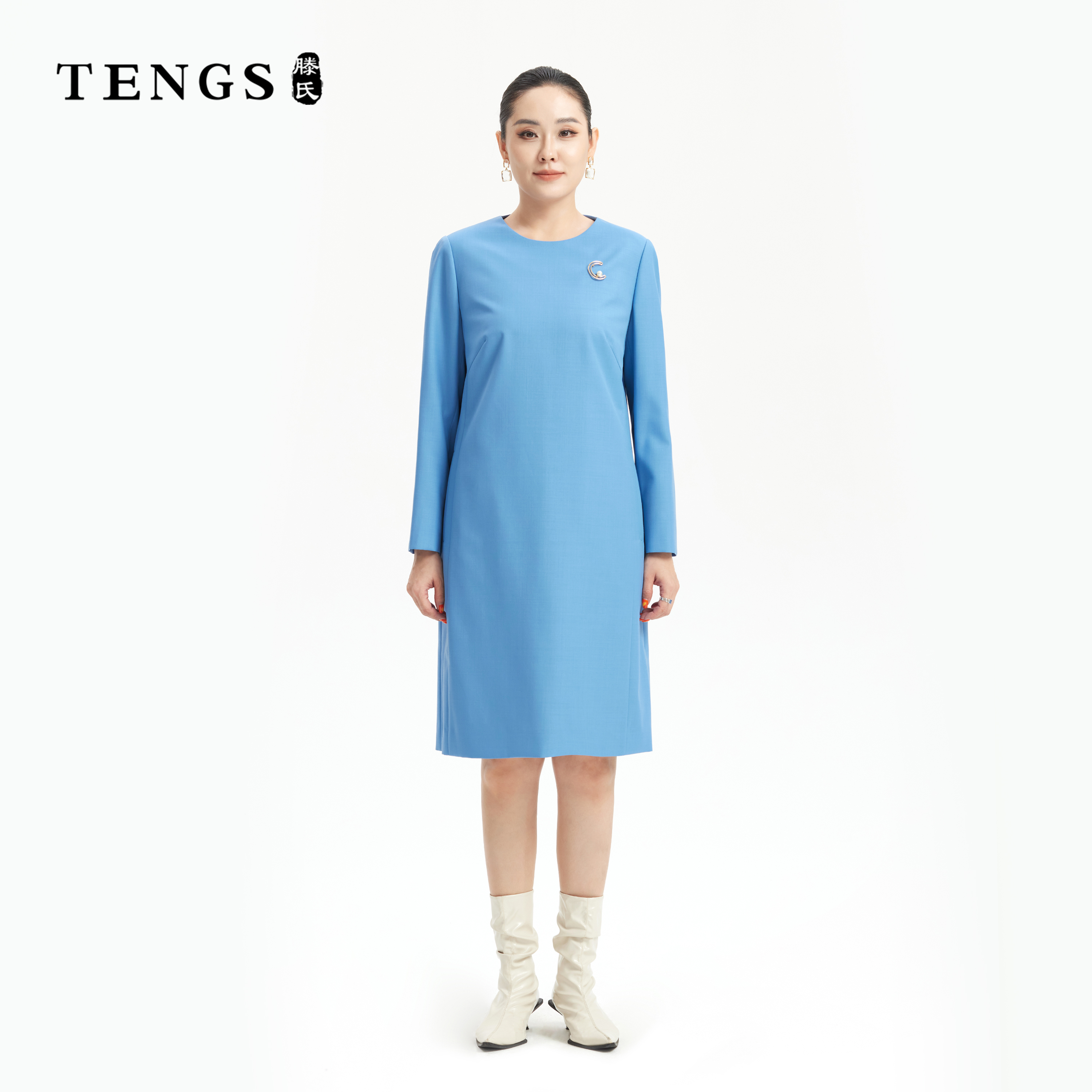 TENGS滕氏女装秋季新款质感蓝色绵羊毛混纺优雅舒适修身连衣裙