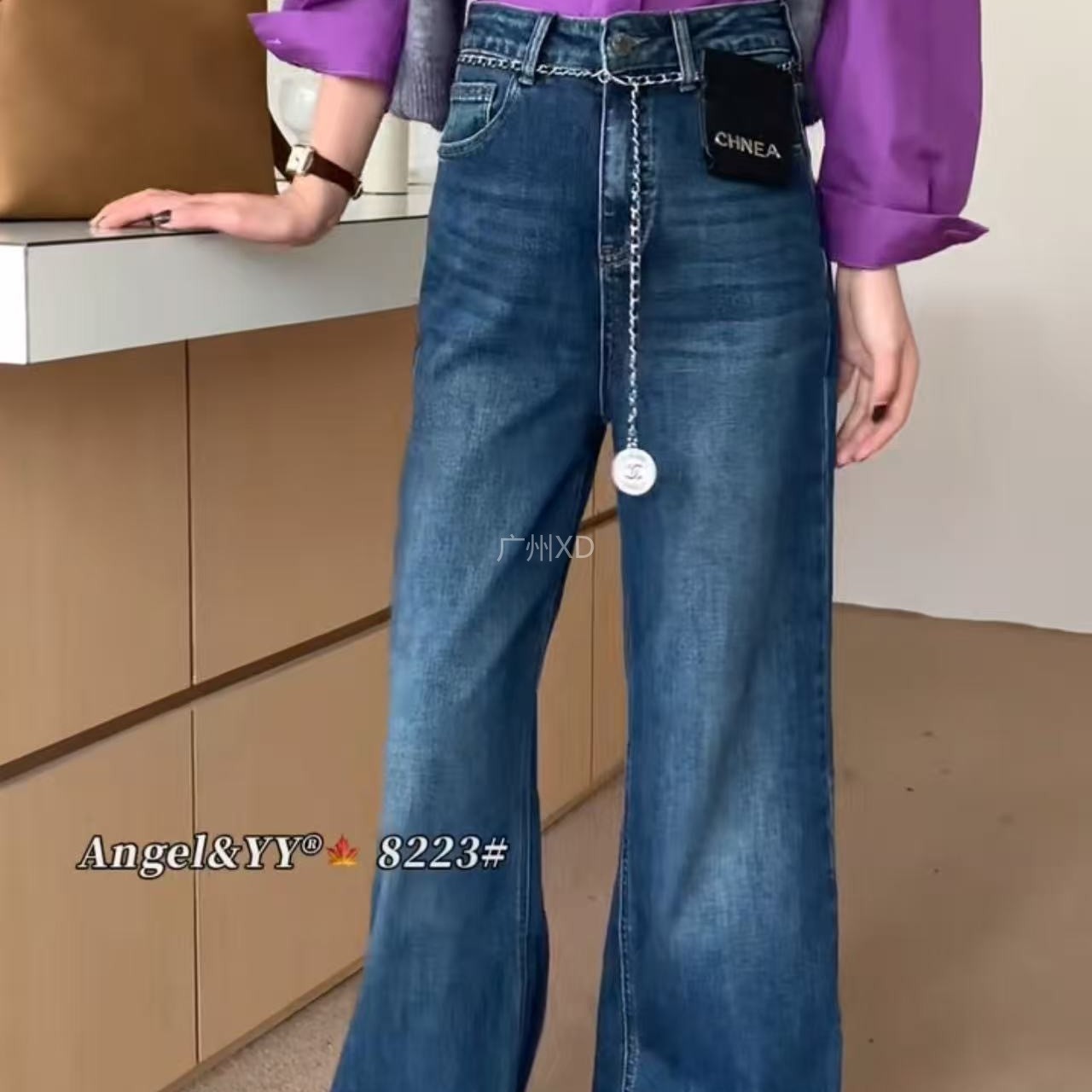 abgelyy8223早秋高腰显瘦四面弹微喇裤不贴腿长裤牛仔裤