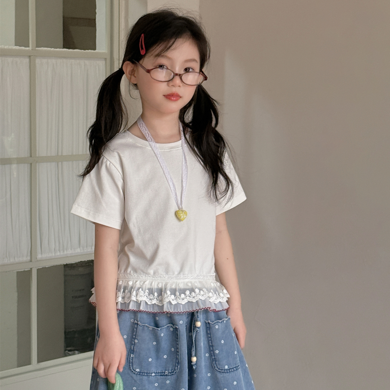LJ-71779-童装女童短袖2025夏季新款韩版儿童蕾丝边短袖
