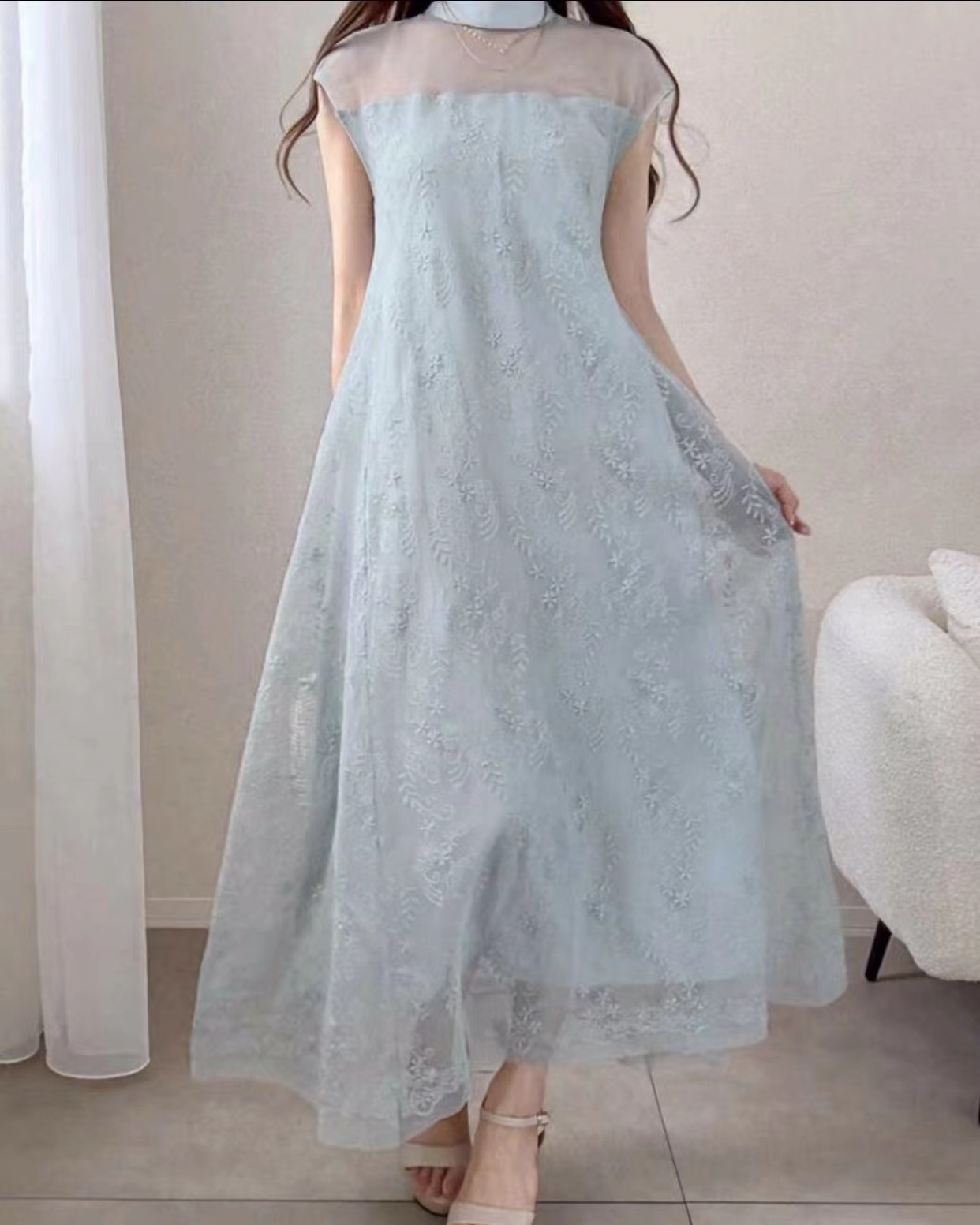 C1136新中式网纱缎面连衣裙女夏季新款绝美气质收腰长裙