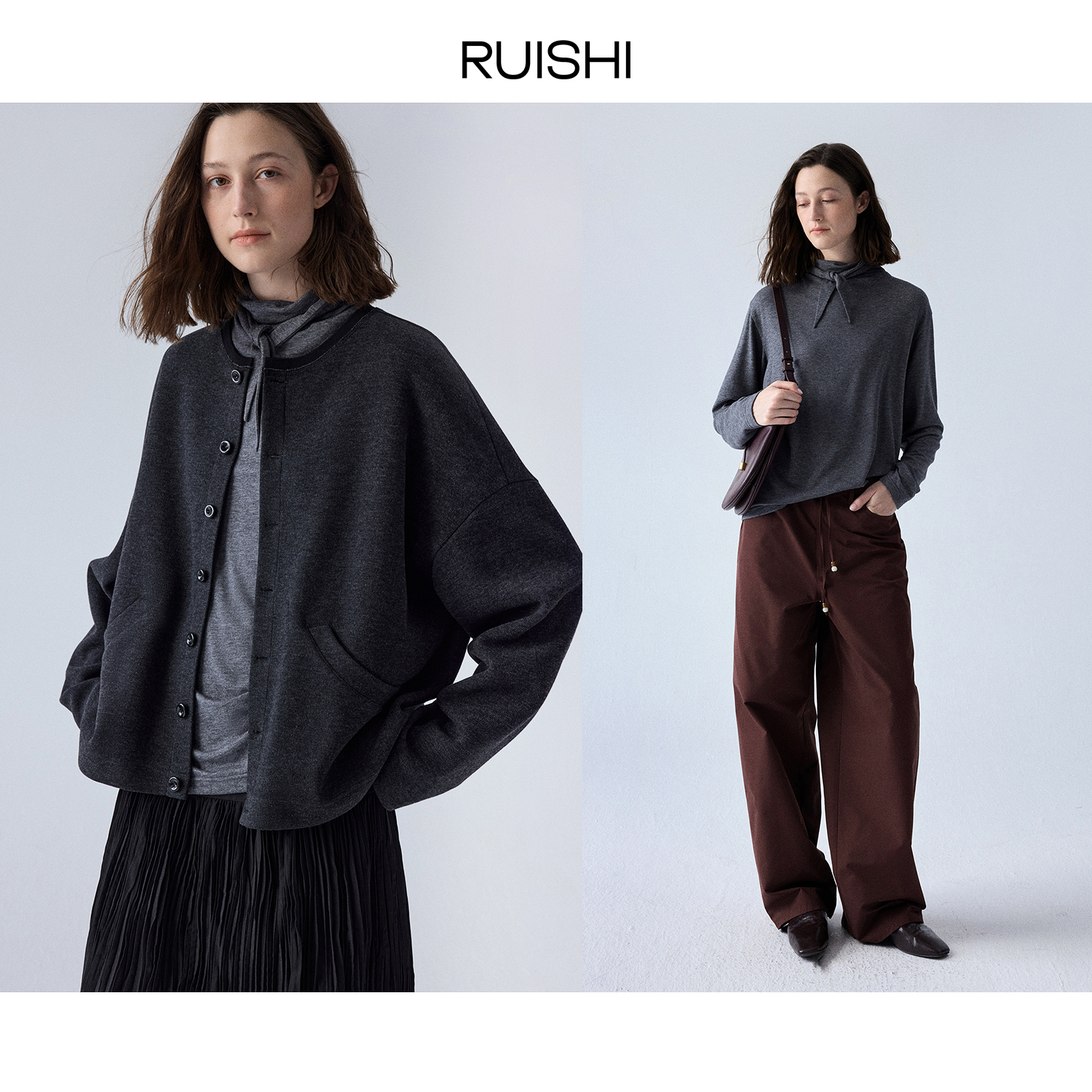 RUISHI芮时 “慕斯卷”羊毛混纺多造型领落肩t恤女秋季R25B1126202