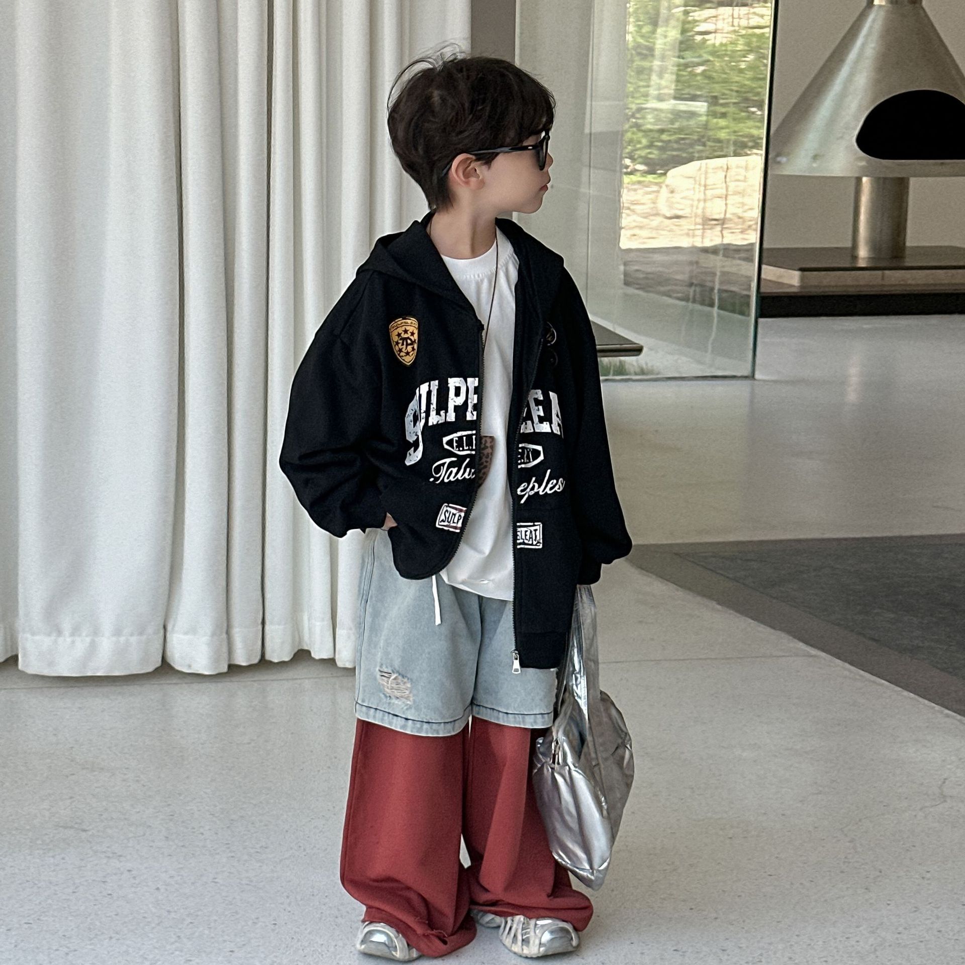 A.MU男童外套春秋款2025新款儿童秋季连帽运动服中小童男孩童装上