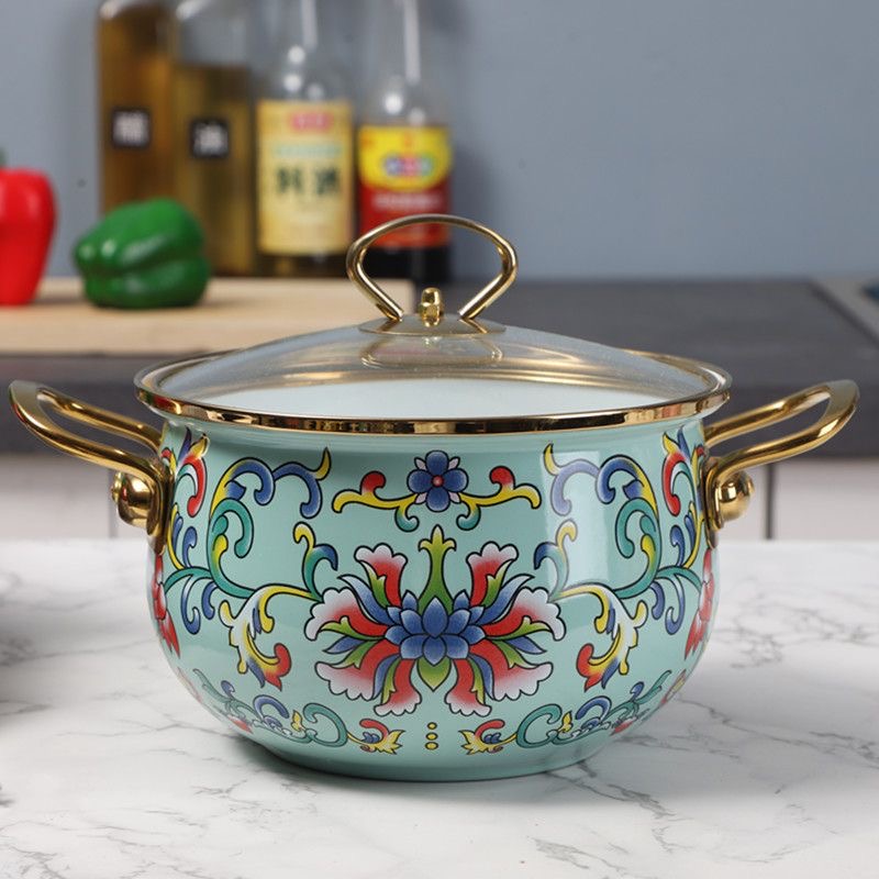 20cm珐琅搪瓷描金边绿钩莲汤锅加厚双耳炖锅煮锅电磁炉明火通用