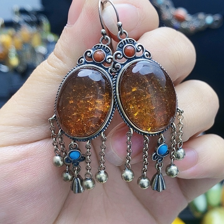 琥珀裸石银S925镶嵌耳坠