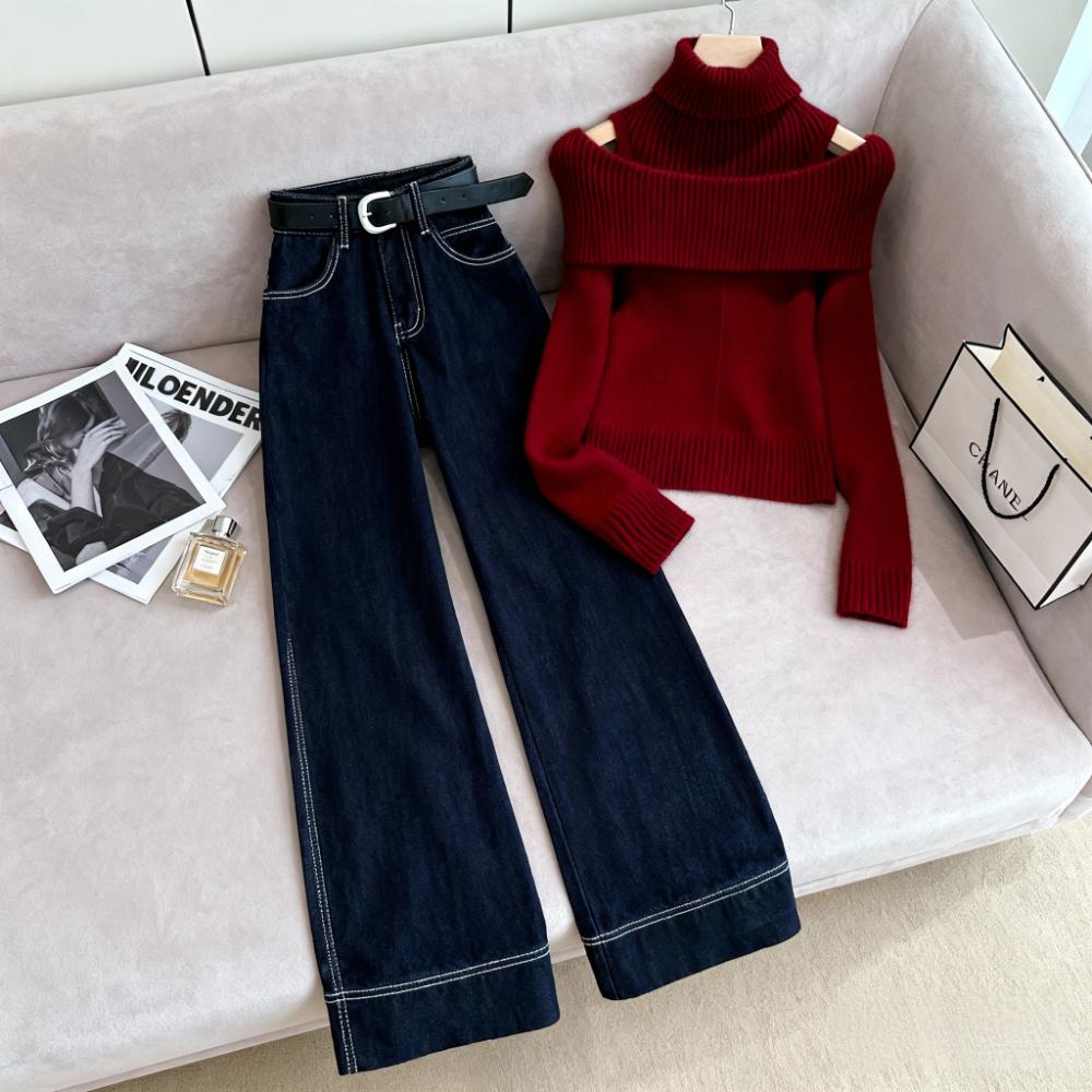 2025冬新款韩系时髦减龄高端一整套红色纯欲针织衫直筒牛仔阔腿裤