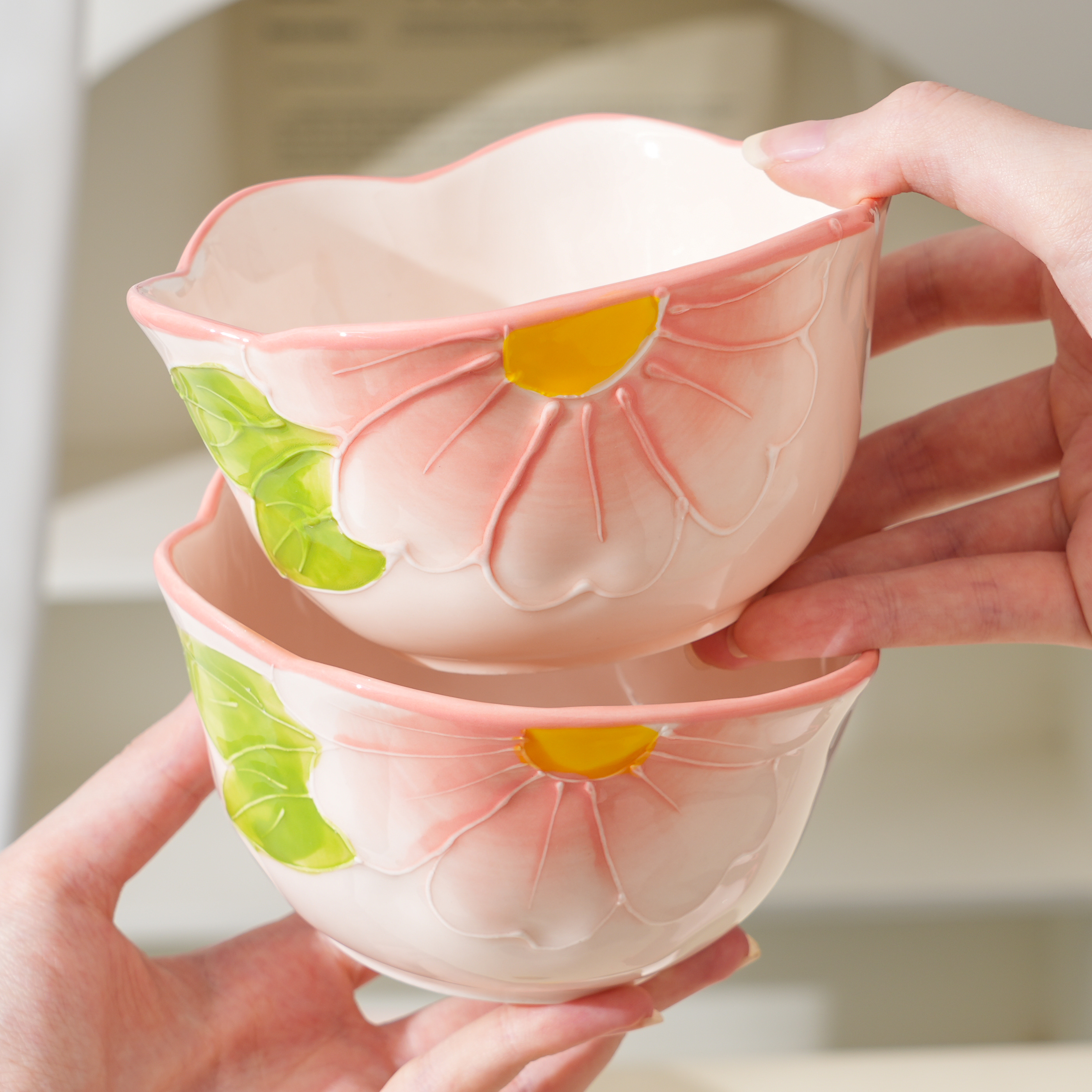 清晨物语4.75英寸2碗2勺米饭碗陶瓷创意手绘浮雕高温釉下彩早餐碗