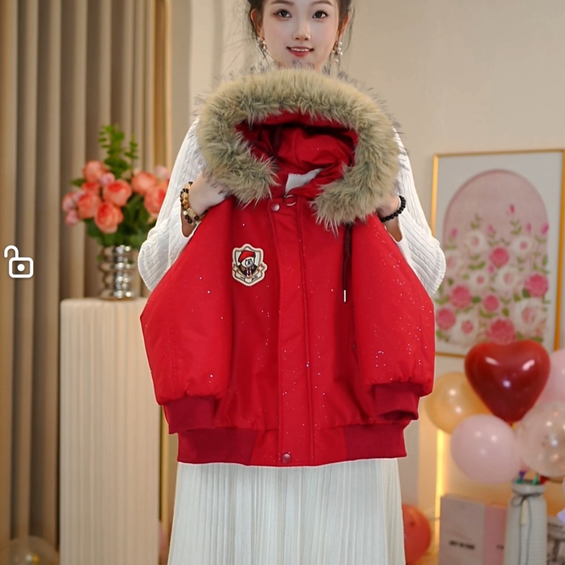 【佳琪妈】极寒系列女童红色小熊一件过冬连帽派克棉服外套-7180#