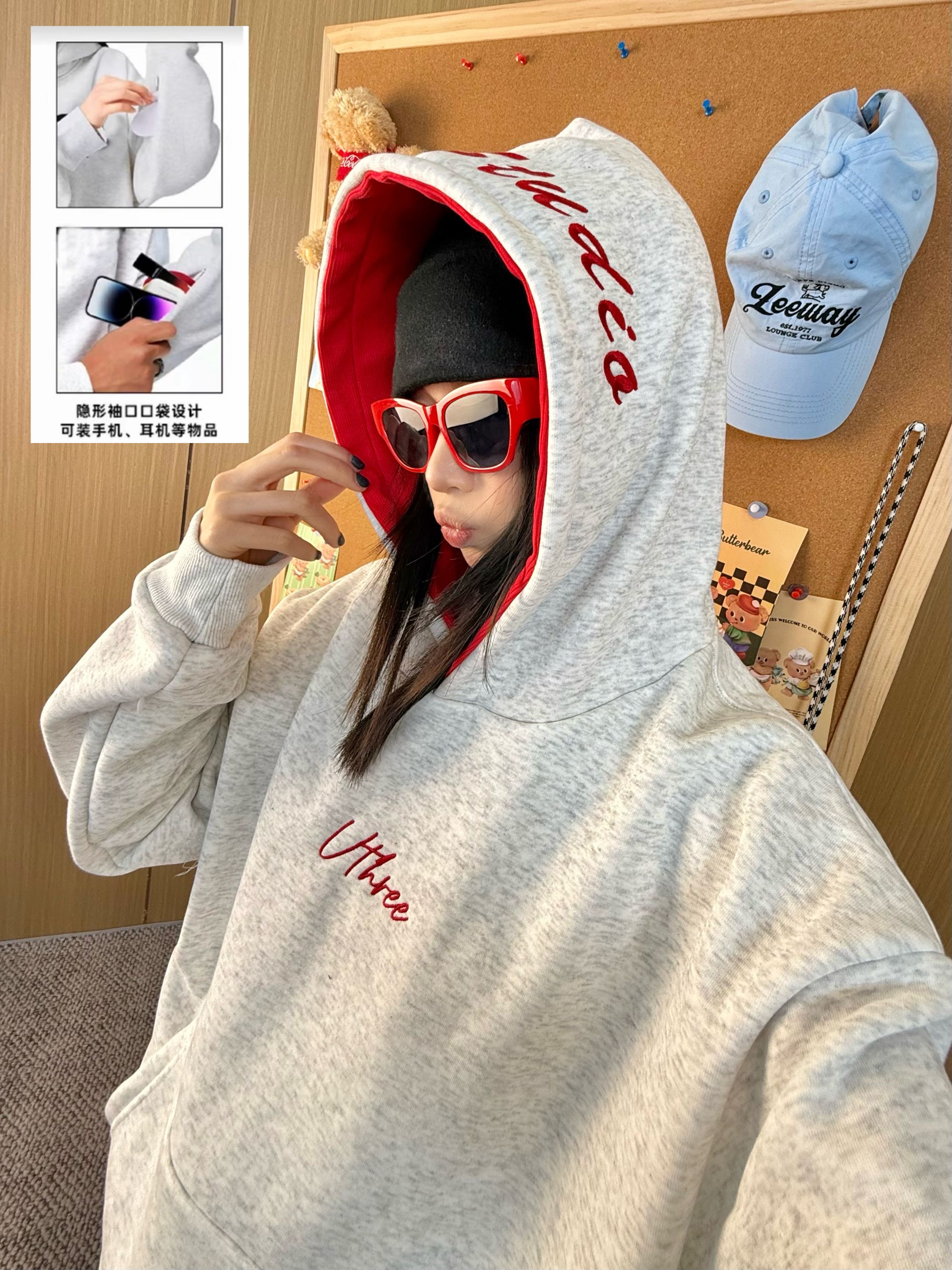 VThree休闲百搭洋气刺绣连帽隐藏口袋设计男女同款情侣连帽卫衣