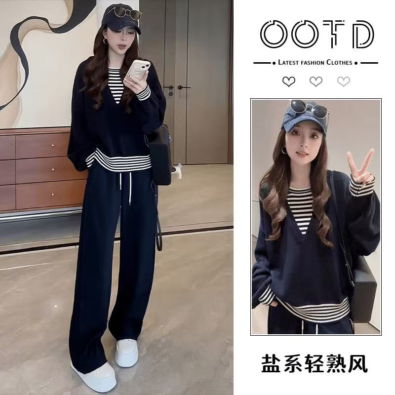 2025秋季新款韩系慵懒风长袖假两件针织上衣女阔腿裤两件套套装女