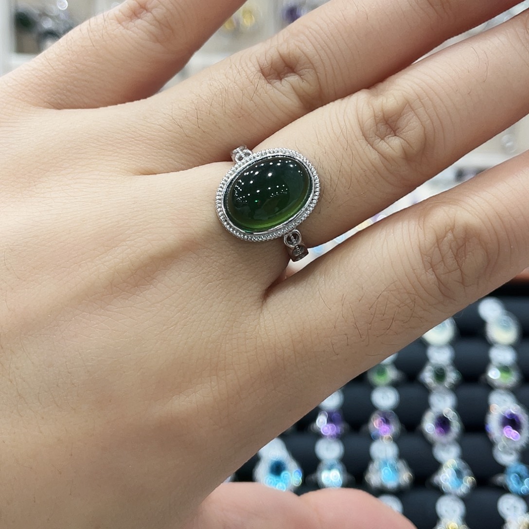 现***丹蛇纹石玉银S925镶嵌戒指