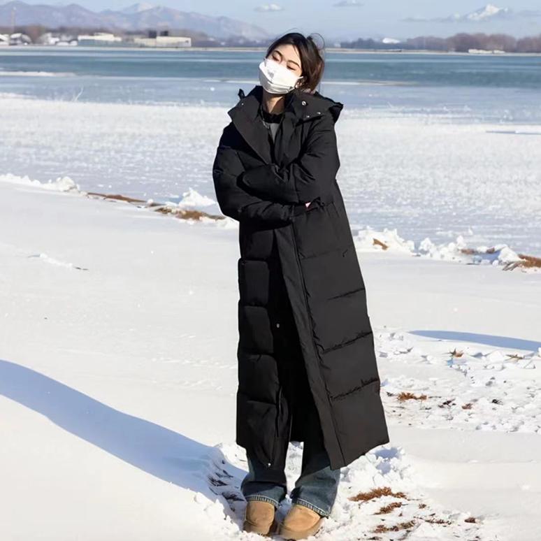 中戏羽绒服情侣明星艺考同款冬季白鸭绒保暖长款连帽黑色羽绒服