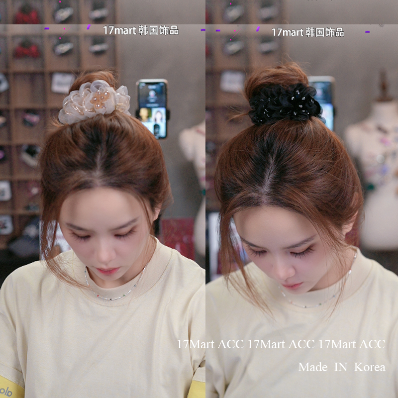 韩国东大门发饰褶皱网纱花丸子头发夹气质马尾夹