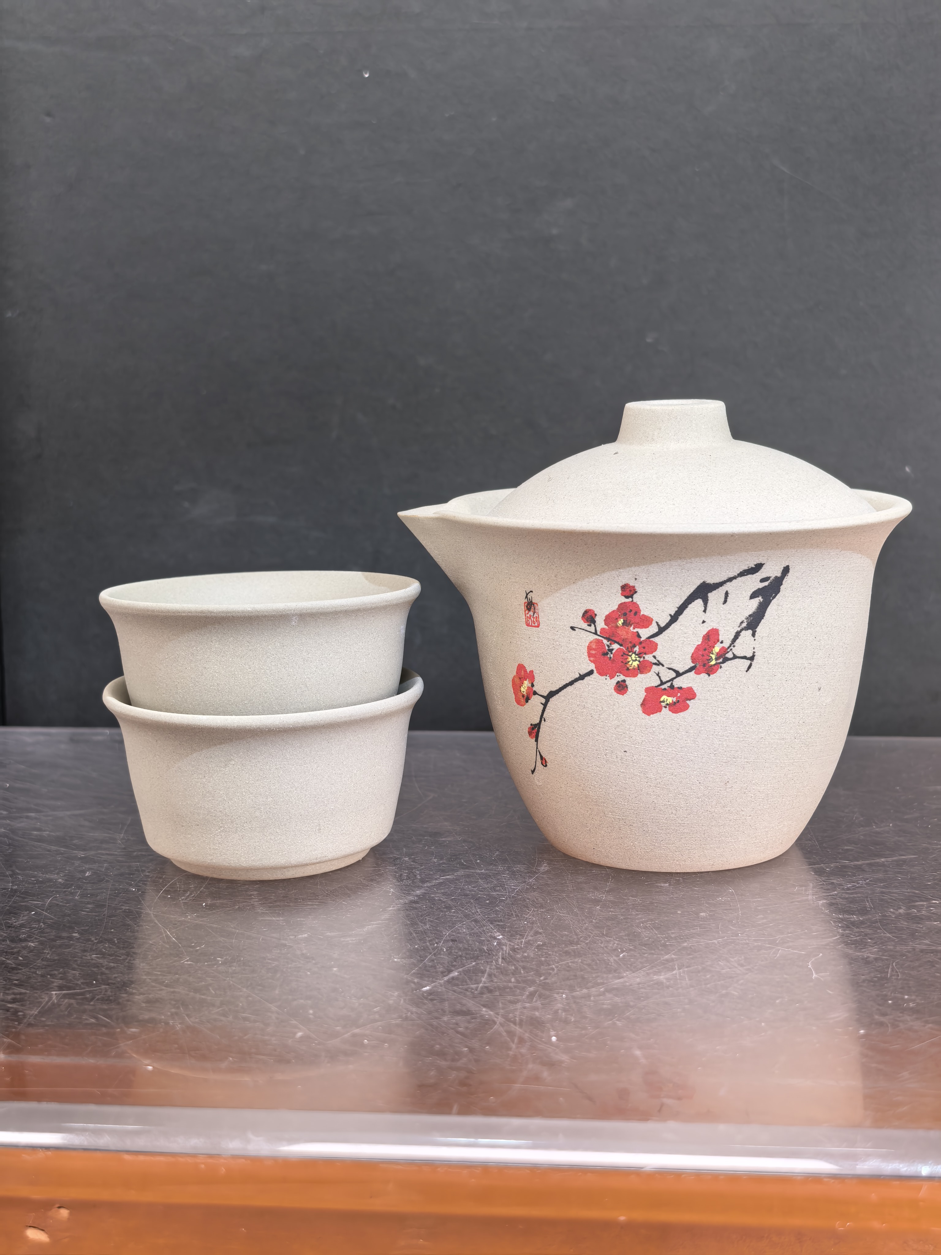 Y3348粗陶梅花手抓旅行快客一壶两杯