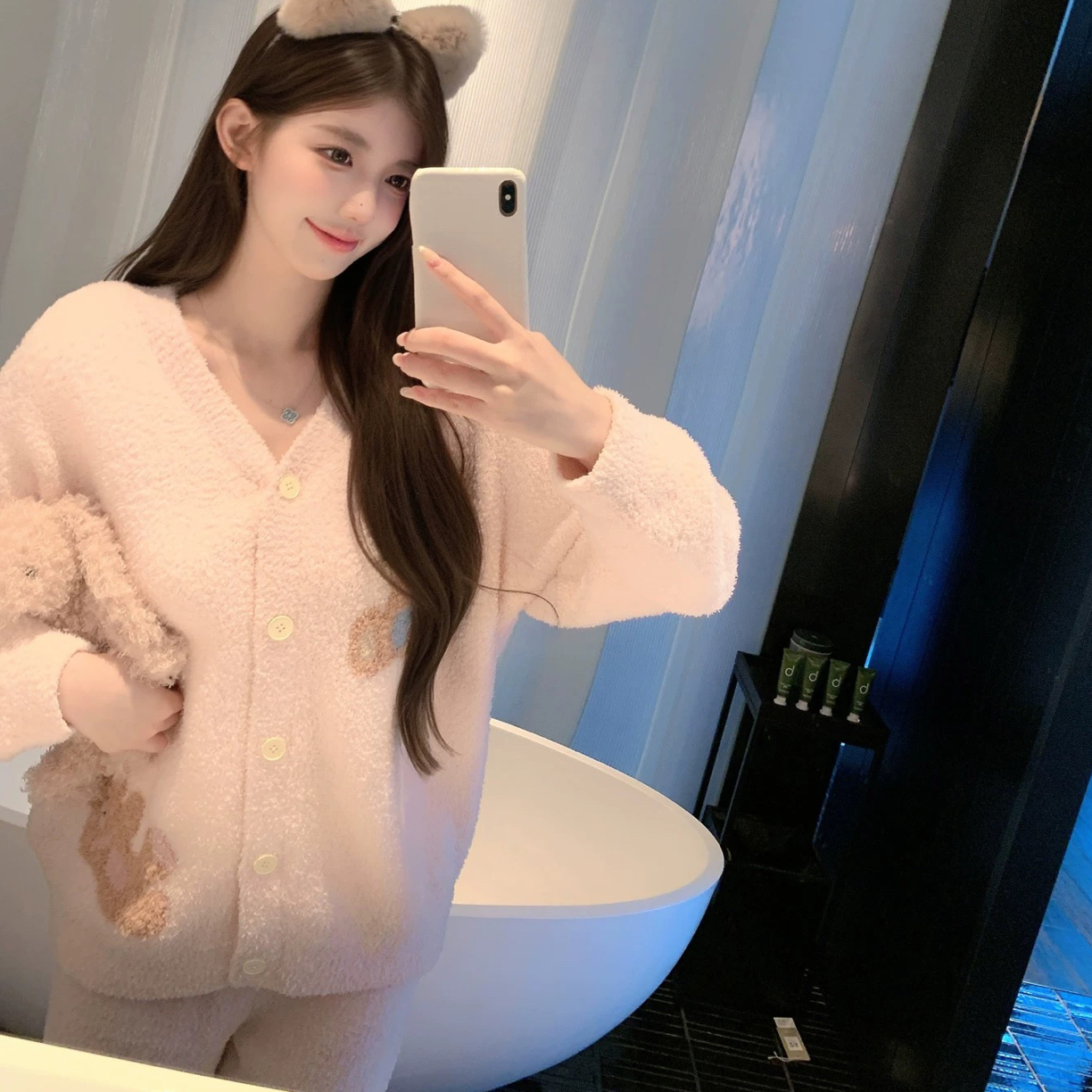 半边绒粉色小熊开衫睡衣女秋冬季加厚保暖可外穿家居服ALE