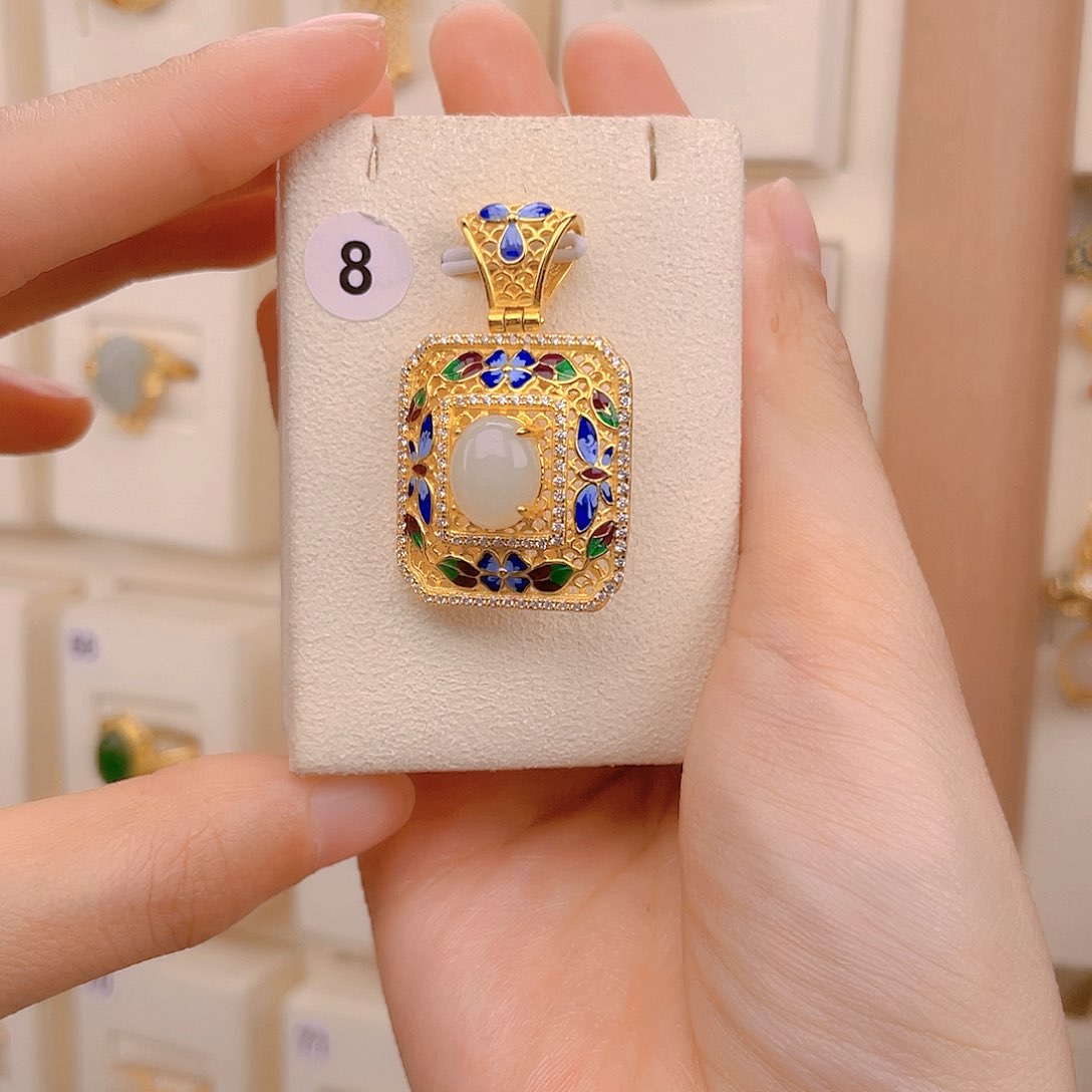 和田玉颈饰银S925镀金镶嵌