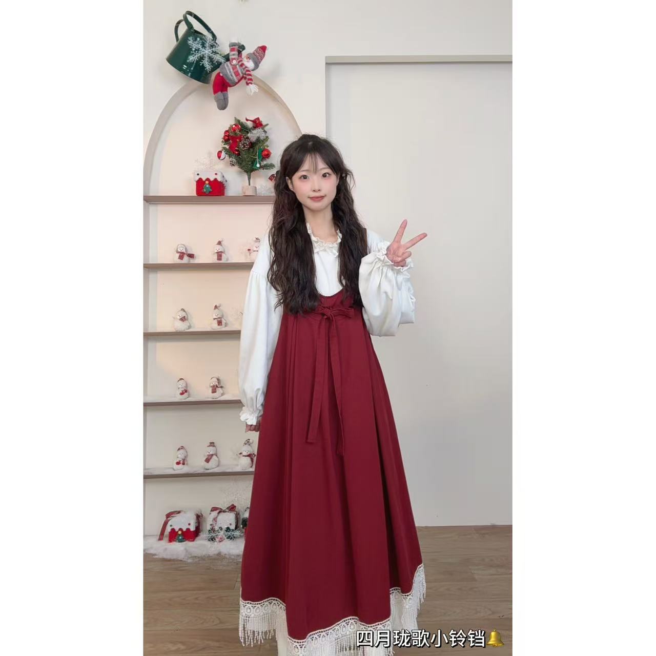 四月珑歌原创 超好看甜美红色蝴蝶结流苏背心长裙显白背带裙3462