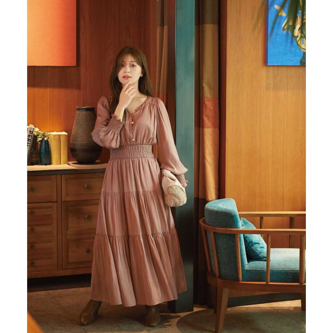 【Montendre】 秋季新款 P 百褶松紧打榄气质优雅A字连衣裙