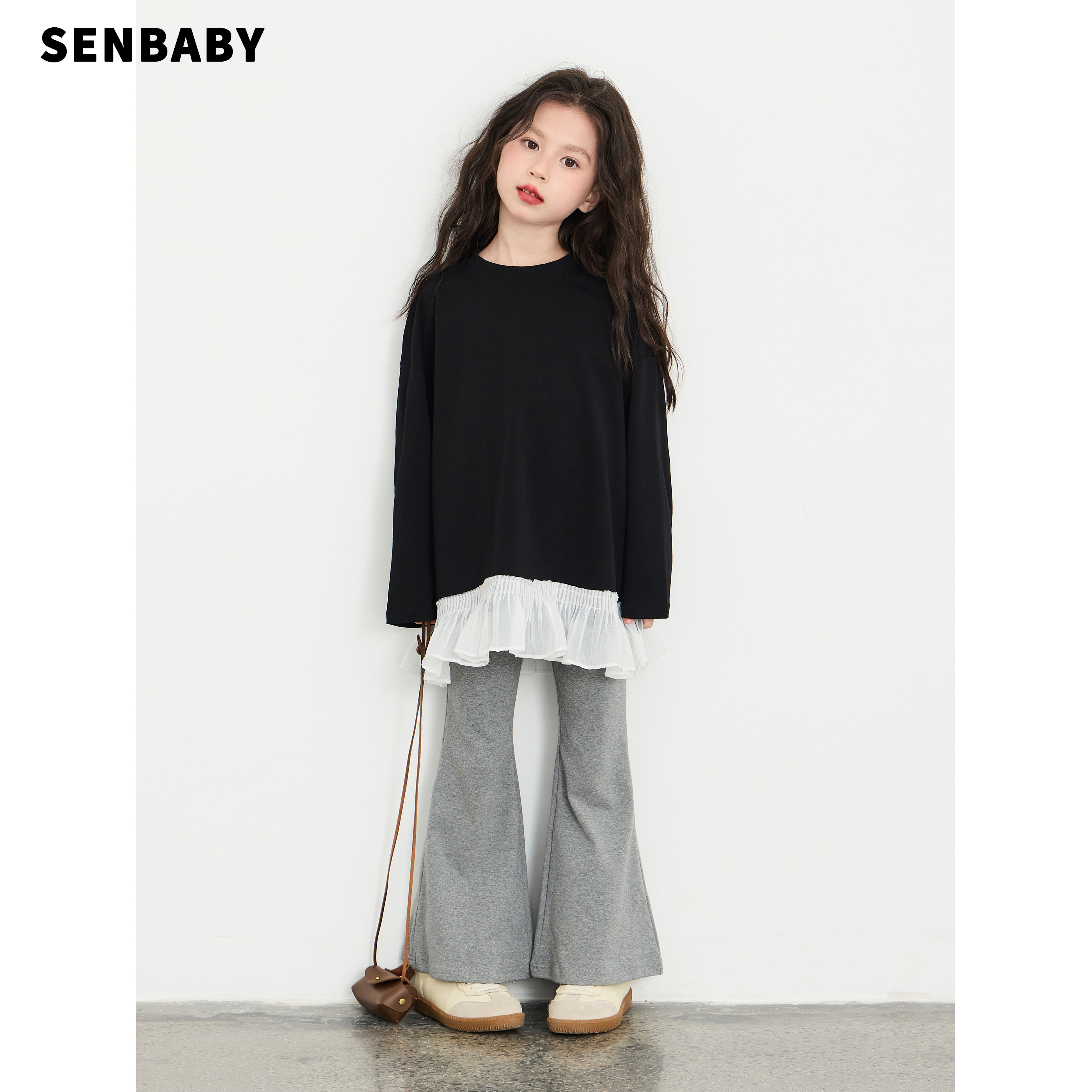 【现货】senbaby女童秋季两件套黑色拼接上衣时尚灰色喇叭裤套装