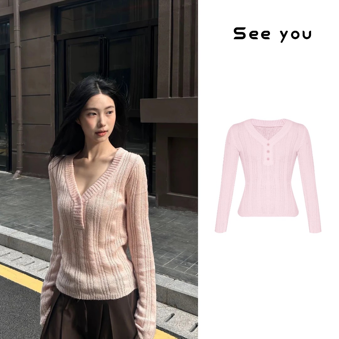 早秋时尚领毛织上衣女2025FW竖坑条螺纹镂空针织衫A1556