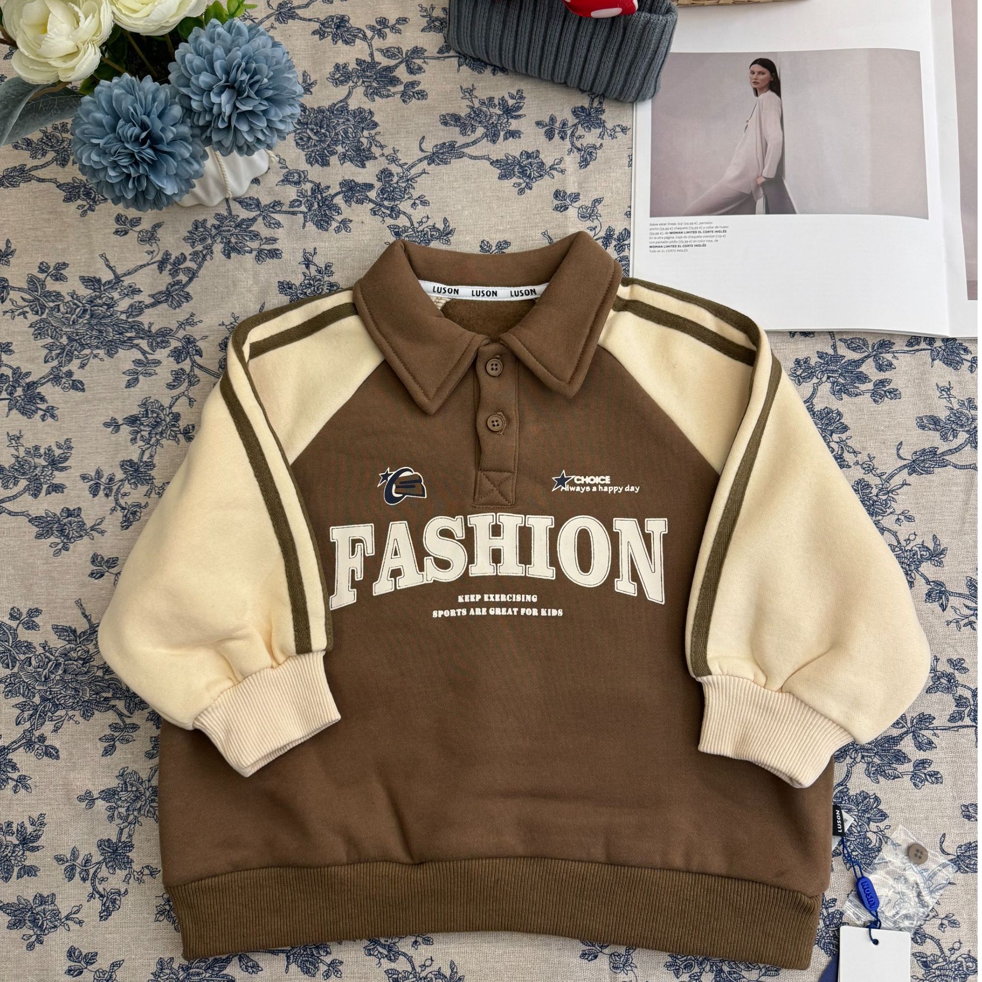 （大猪）冬季男童POLO领韩版拼色帅气酷宝加绒加厚长袖卫衣