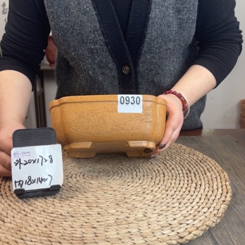 紫砂花盆柴烧山水刻绘抽角长方0930