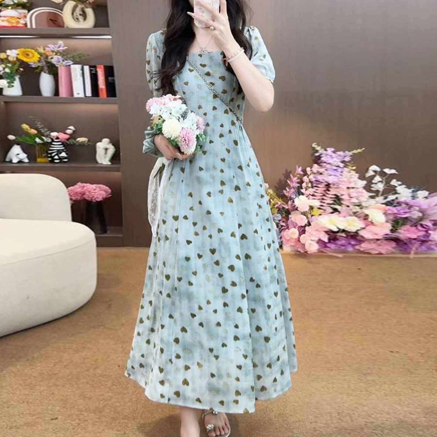 【现货+运补】印花绿色方领连衣裙今年流行爆款法式气质长裙5245