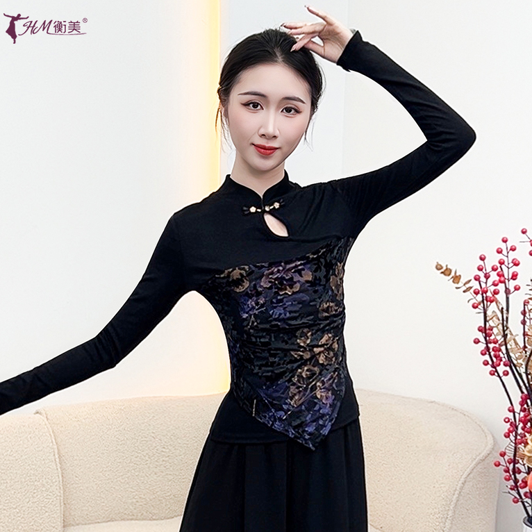 古典舞民族舞服装女植绒烧花旗袍领国风长袖现代舞形体练功服上衣