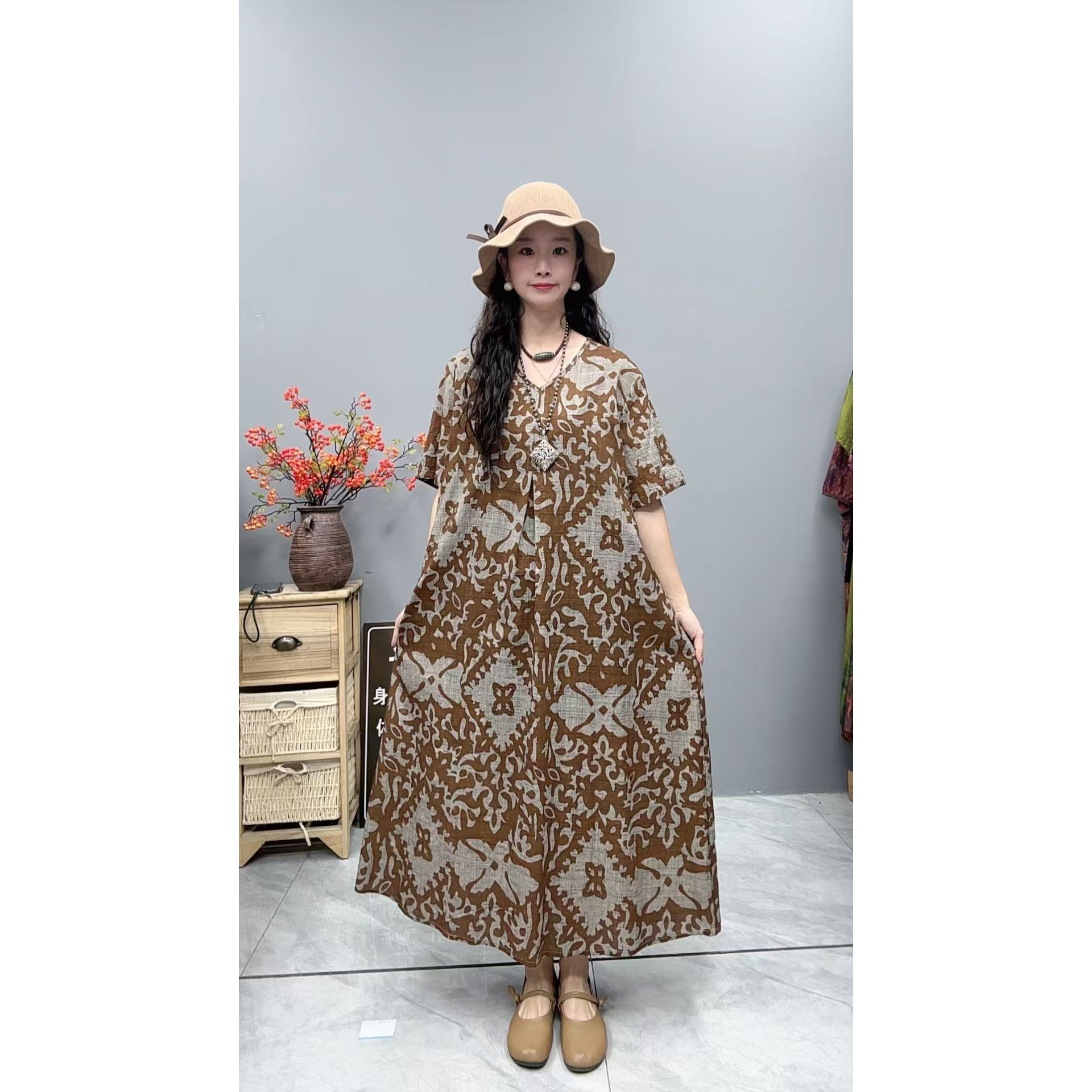 5262夏季新款显瘦气质时尚女百搭休闲文艺复古印花洋气宽松连衣裙