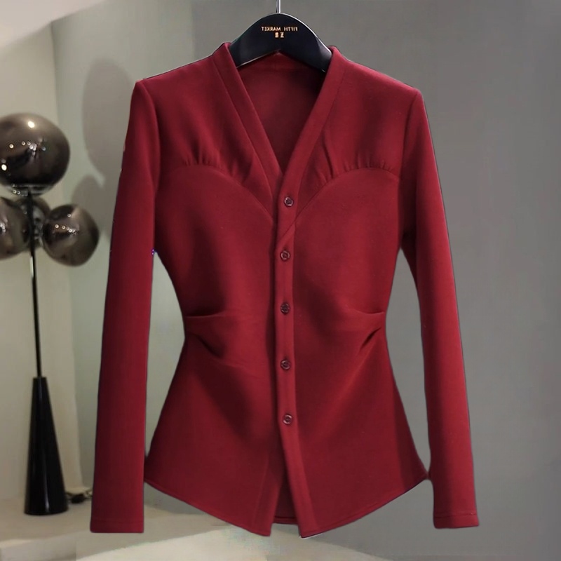 法式V领收腰显瘦T恤女春季新款洋气气质感捏褶高级百搭单排扣上衣