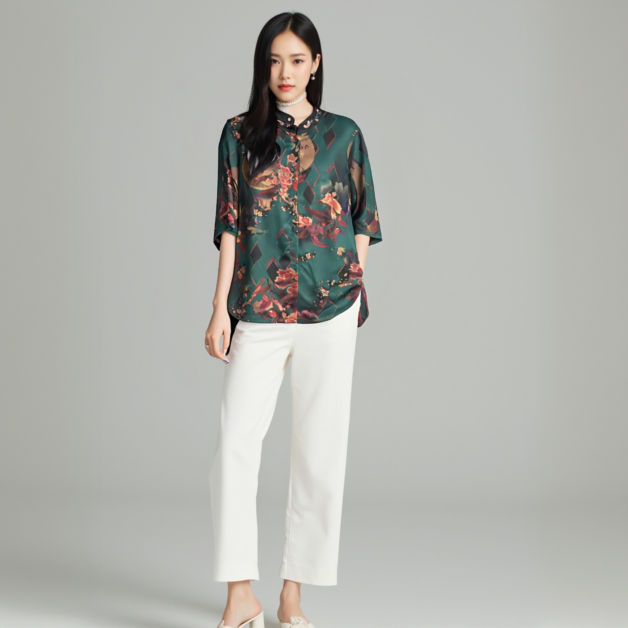 2752【琉璃绿花】薄款植物花卉长裙短款中老年女装女士国风休闲春夏