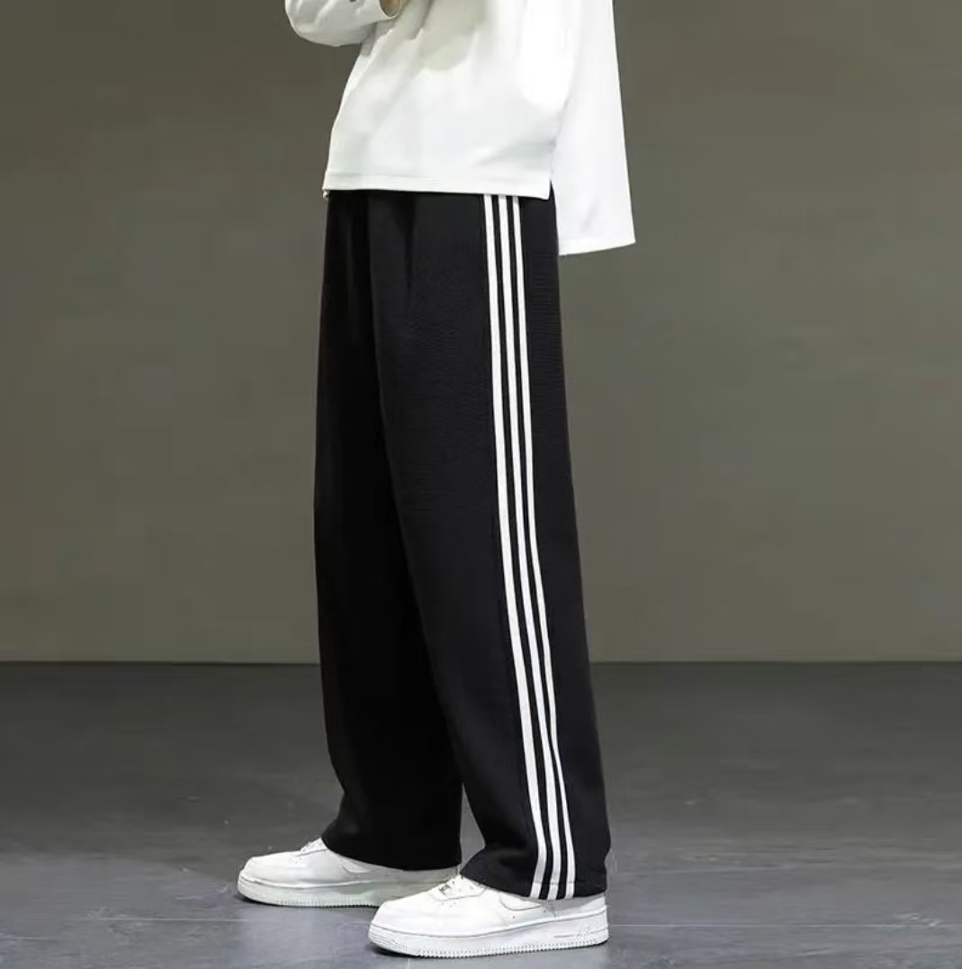 早秋上新男女同款条纹三条杠毛圈情侣束脚垂坠感棉宽松直筒休闲裤