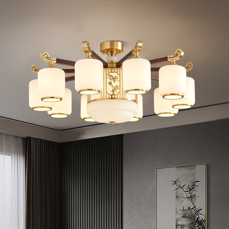 全铜实木家用大气中国风客厅吊灯新中式吊灯禅意低户型书房餐厅灯