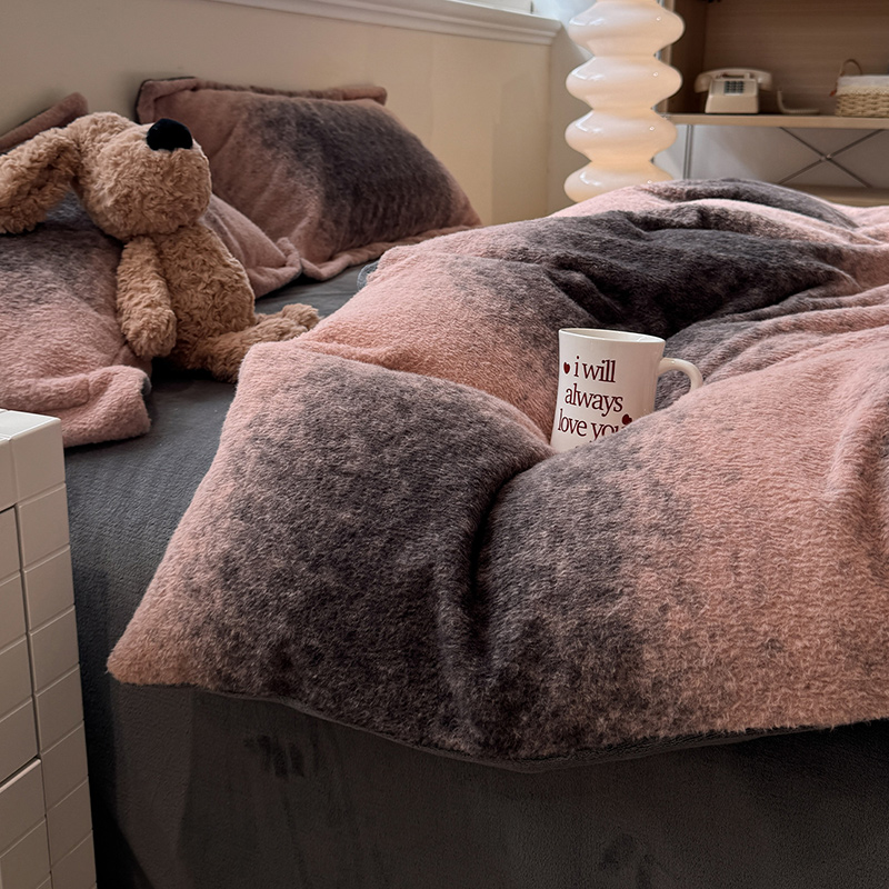 秋冬季美拉德中古维奥灰色加厚仿羊绒印花床上四件套被套床单床笠