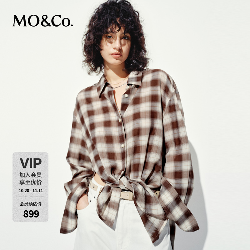 MOCO衬衣2025夏新品天丝绵羊毛洗水微皱感复古格纹宽松MBE2SHT030