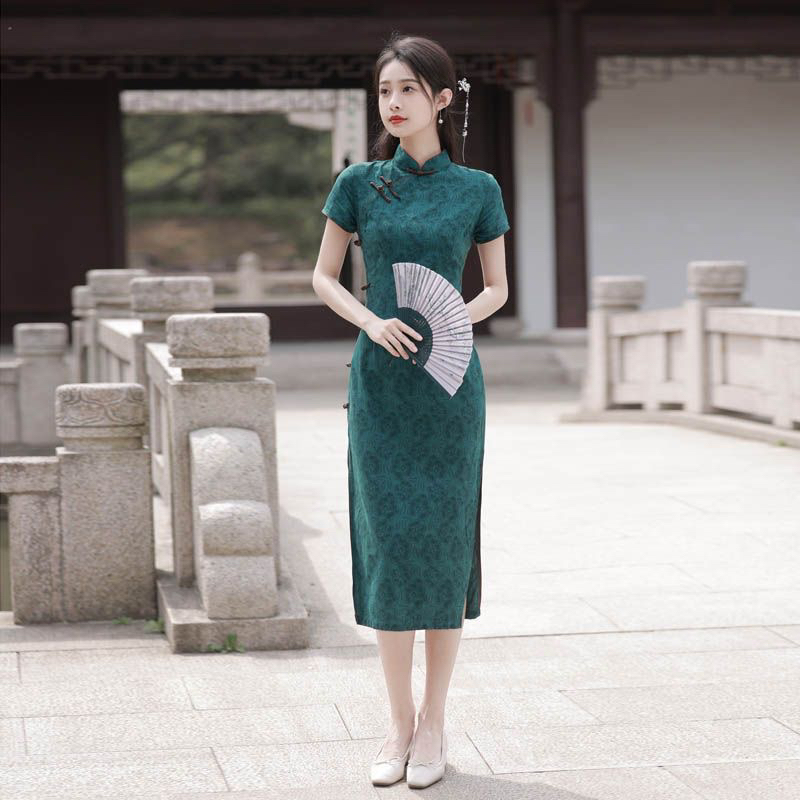 墨绿色旗袍小个子长款2024年新款夏季日常优雅复古民国连衣裙
